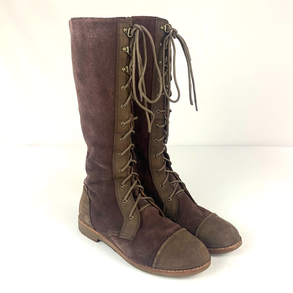 💎SOLD💎OLUKAI Kaila Suede Leather Tall Lace Up Boots Dark Java Brown Size 8.5